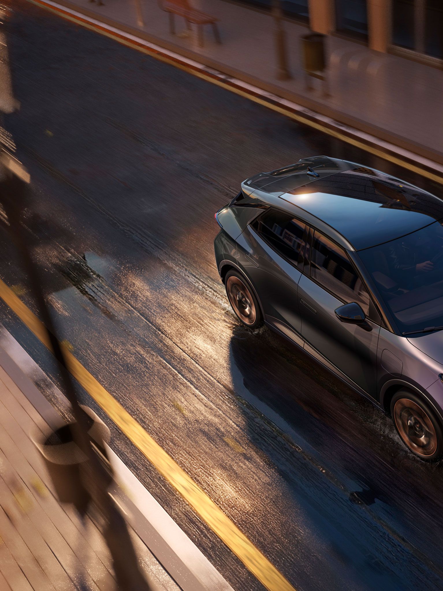 Fahraufnahme des CUPRA Raval VZ in Plasma von oben